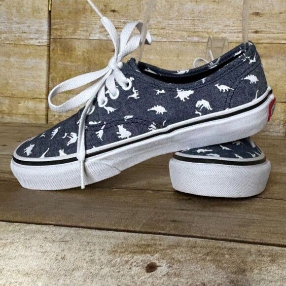 VANS UNISEX CHAMBRAY DINOSAUR PRINT CASUAL LOW TOP CANVAS LACE UP SNEAKERS SZ. 1 - Picture 1 of 7